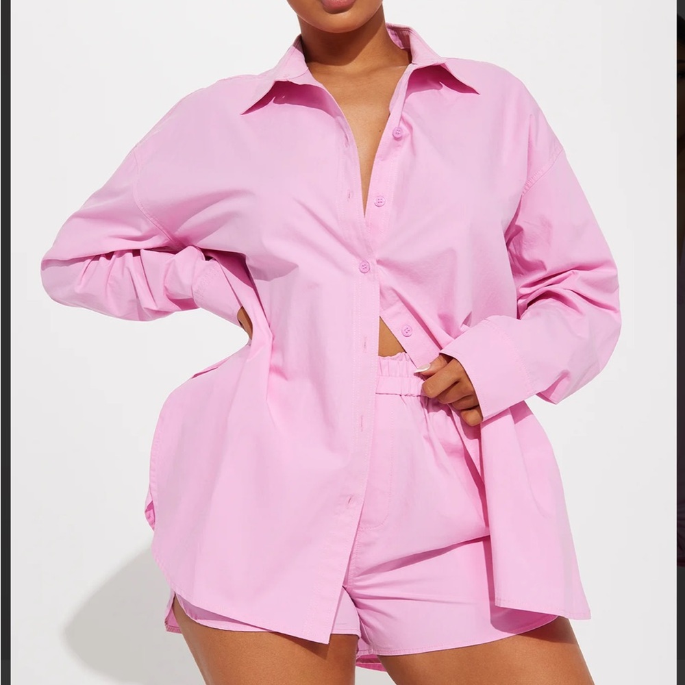 NWT Fashion Nova Baily Button Up Short Set Pink Size 1X